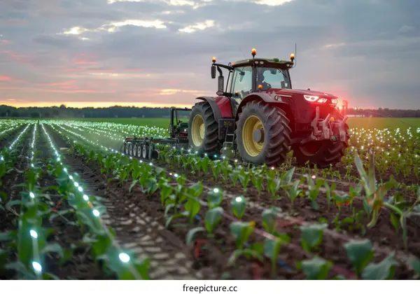 Tractor working in a field at sunset with headlights on