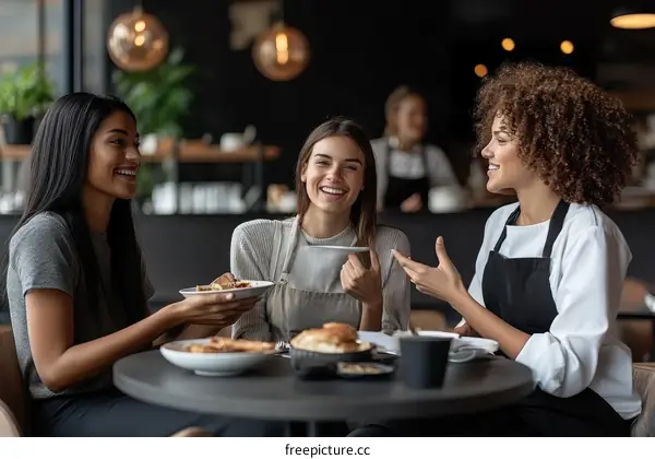 Three Women Enjoying Coffee and Food in a Cafe