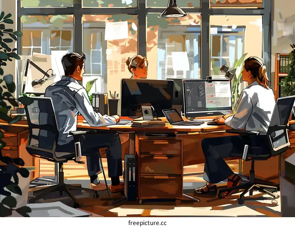 Three people in an office are working together.