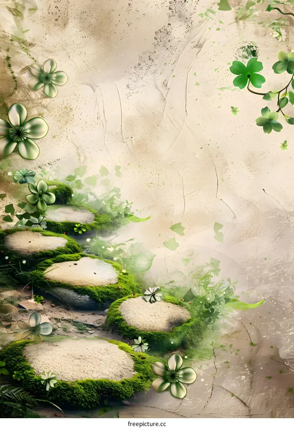 Fantasy Stone Path With Green Flowers and Moss