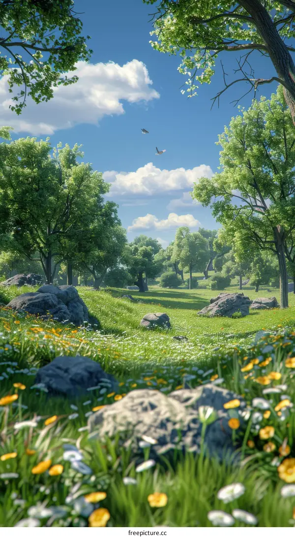 Birds in Flight Over a Lush Green Meadow