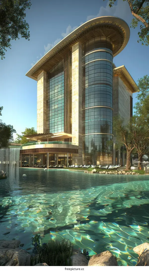 Modern Architectural Design of a Hotel with a Pond