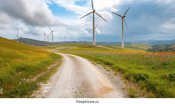 Wind turbines in a field of flowers