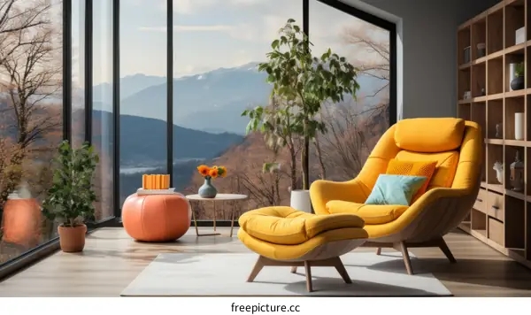 Airy and bright living room with a yellow armchair and books