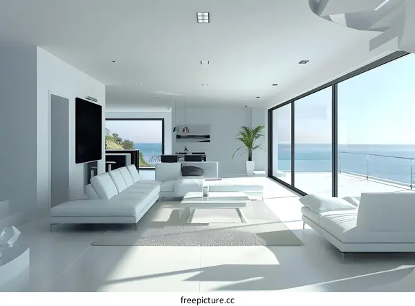 Modern Minimalist Living Room Interior Design With Ocean View