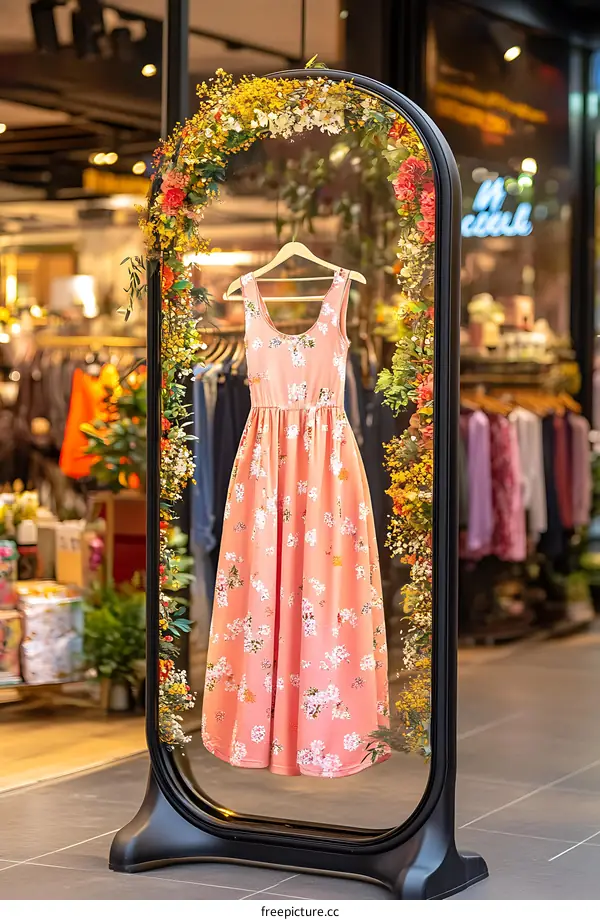 Floral Decorated Mirror With Pink Dress Reflection