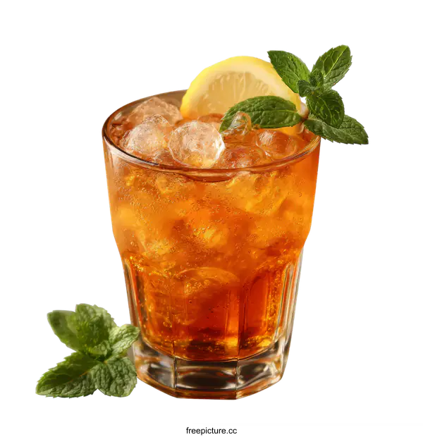 [Transparent Background PNG]Refreshing Iced Tea with Lemon and Mint Leaves in Glass