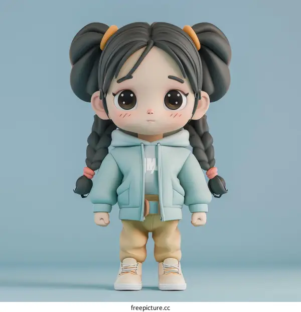 Cute Cartoon Girl with Braids and Blue Jacket