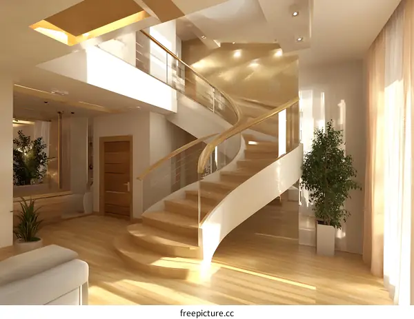 Modern Interior Design with Wooden Staircase and Glass Railing