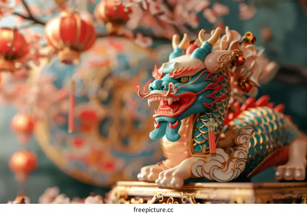 3D Rendering of a Chinese Dragon with Peach Blossoms and Red Lanterns