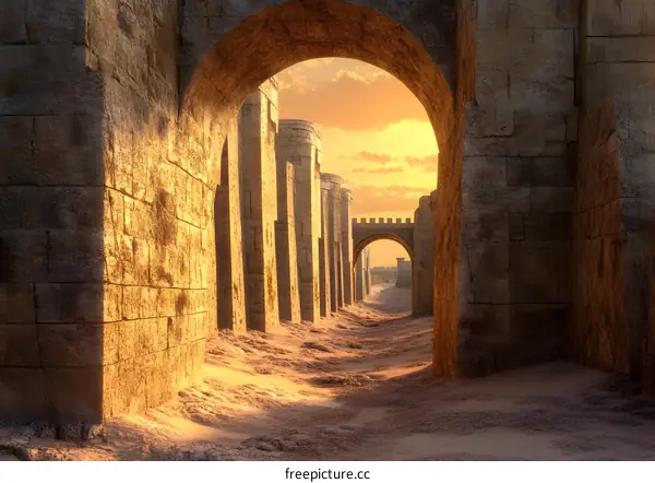 Ancient Stone Archway Leading to a Sunset City