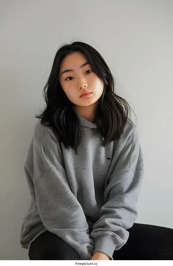 Young Asian Woman Wearing Gray Hoodie