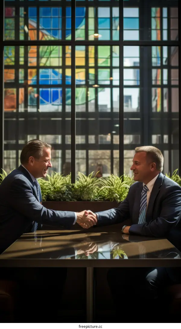 Two businessmen in suits shaking hands over a table in a restaurant