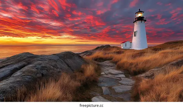 Lighthouse at Sunrise with Dramatic Sky