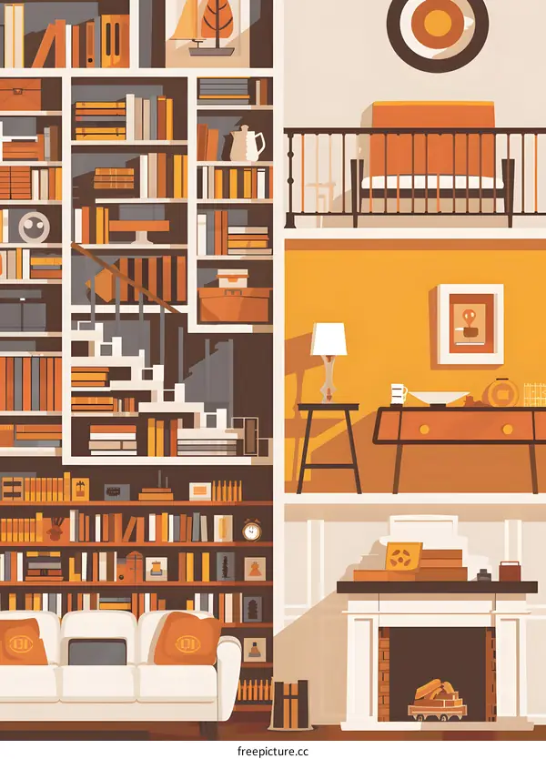 Interior Design with Bookshelf and Fireplace