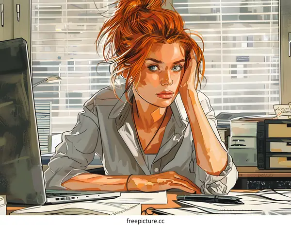 Illustration of a redheaded woman working at her desk in an office