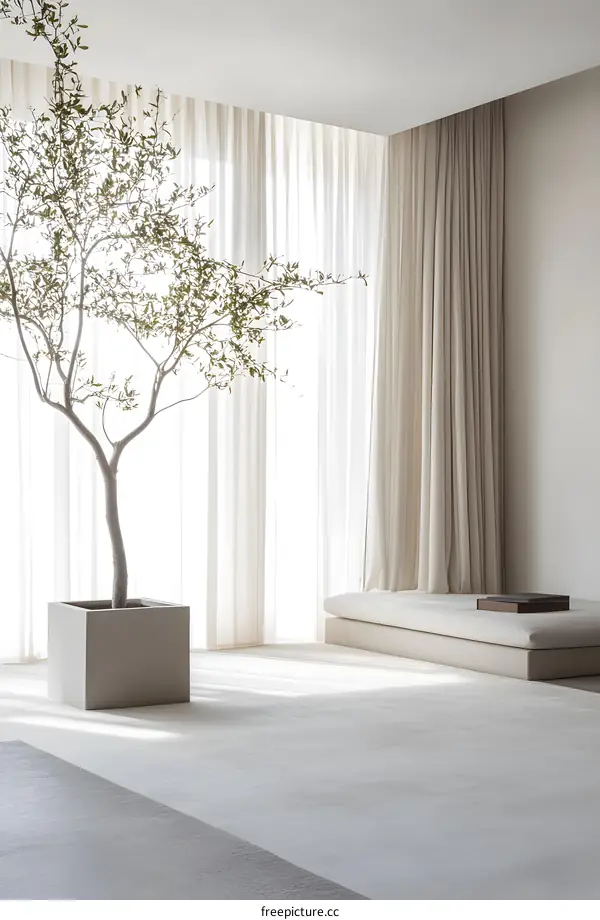 Minimalist Interior Design with a Tree and White Curtains