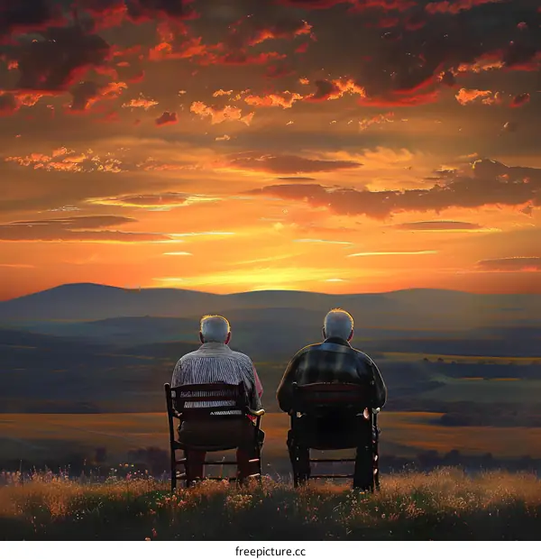 Two Elderly Men Sitting on Chairs at Sunset