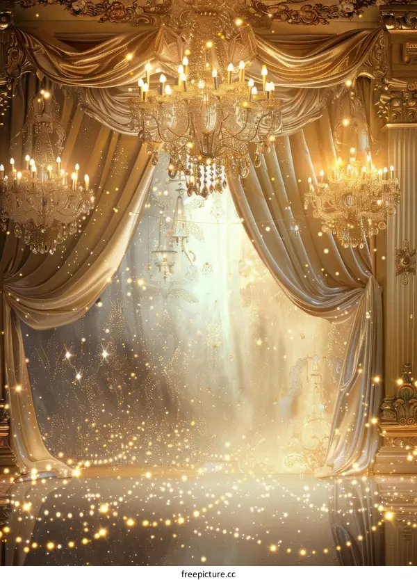 Gold Curtains With Sparkles And Chandeliers