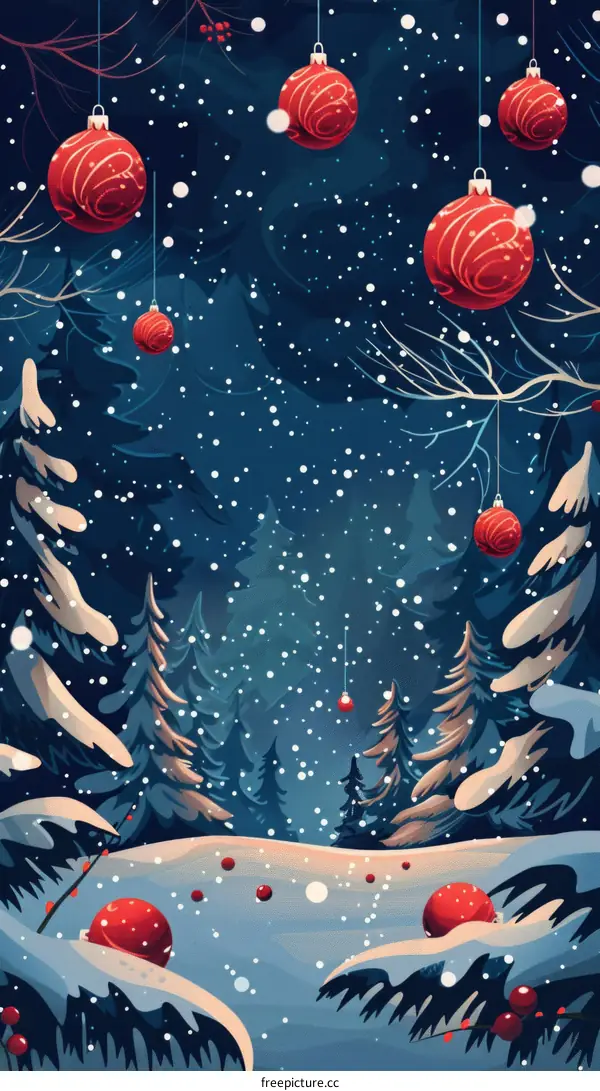 Snowy Forest with Christmas Ornaments