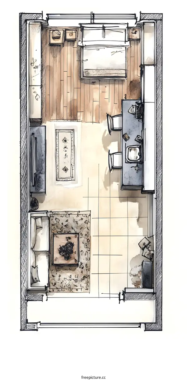 Hand Drawn Watercolor Illustration of a Modern Studio Apartment Floor Plan