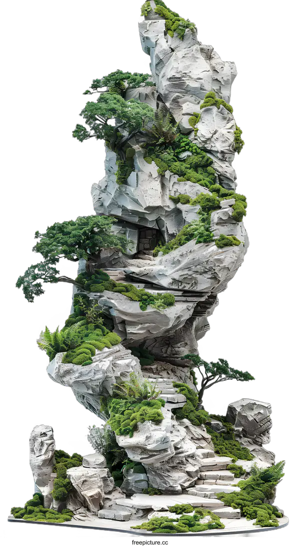 [Transparent Background PNG]Green Moss and Stone Mountain Landscape