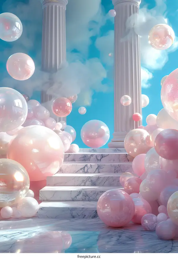 A Pastel Dream Stairway with Floating Bubbles