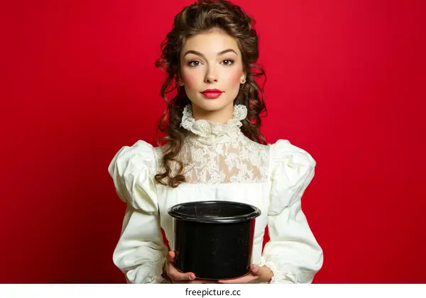 Elegant Lady in Vintage Dress Holding a Hat