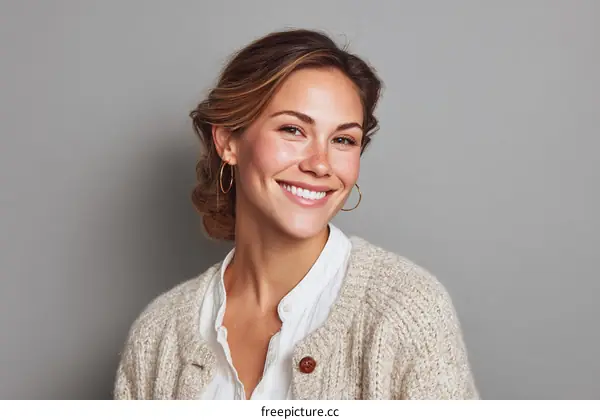 Smiling Woman Portrait Against Gray Background