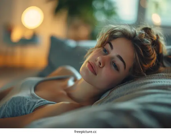 Portrait of a young woman with blonde hair and blue eyes lying on a couch looking at the camera