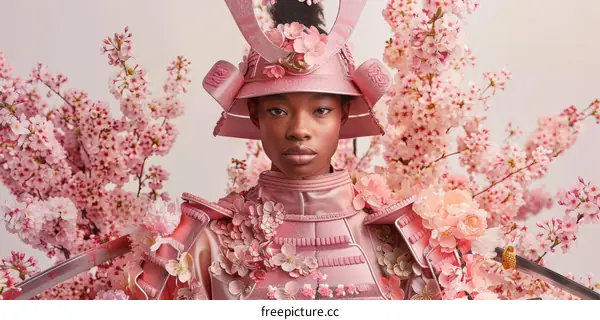 Black woman wearing a pink samurai armor with cherry blossoms