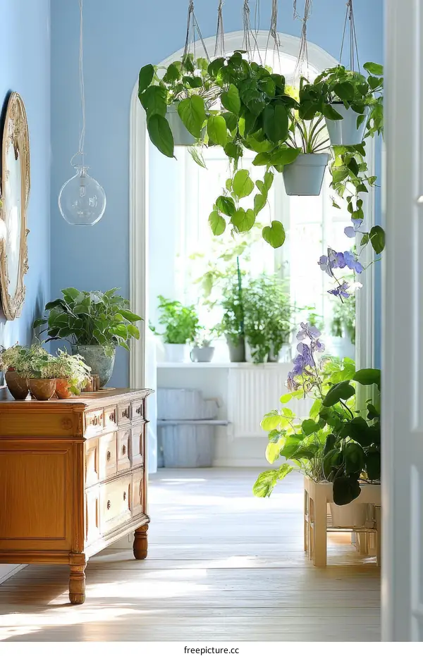 Cozy Home Interior with Hanging Plants and Wooden Furniture