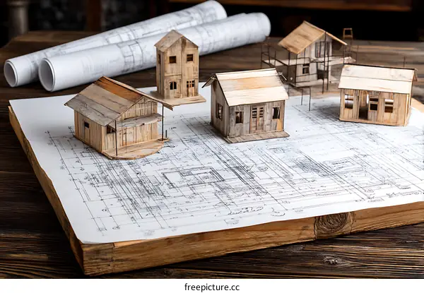Architectural Models of Small Wooden Houses on Blueprint Plans