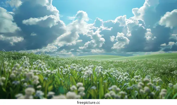 White Flowers and Green Grass Under a Blue Sky With White Clouds