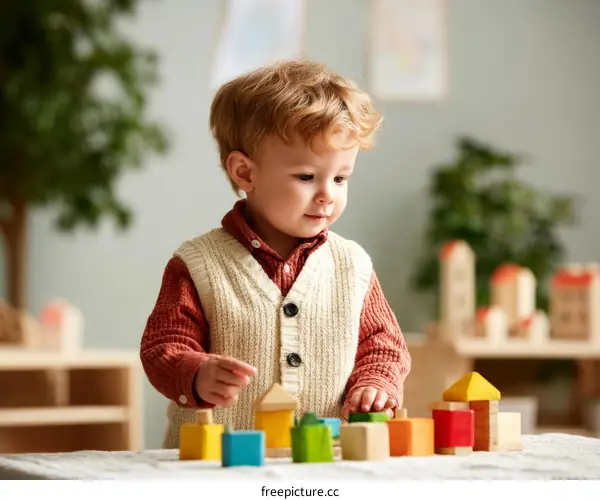 Toddler Plays with Colorful Wooden Blocks
