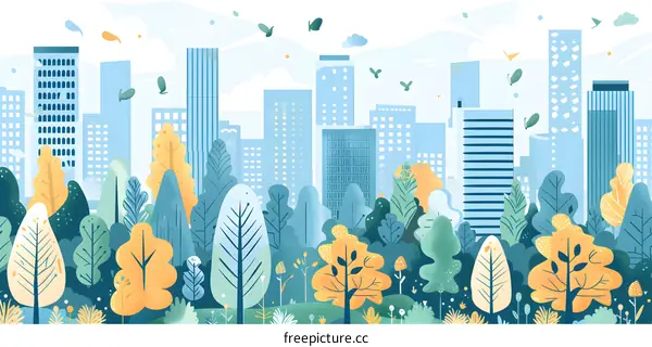 Cityscape With Trees And Birds Illustration