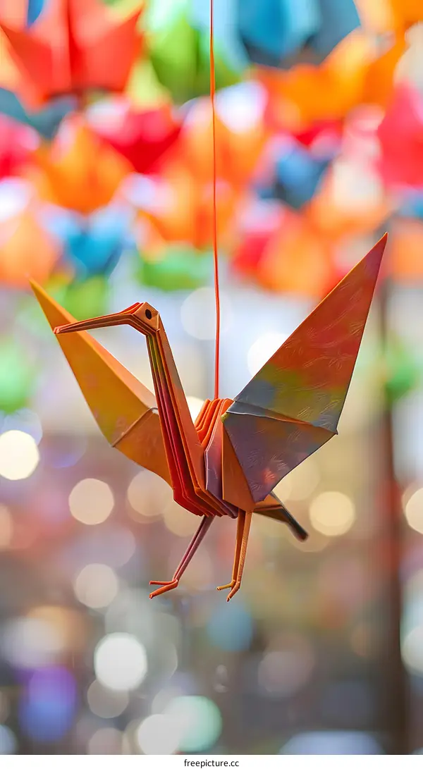 Colorful origami bird hanging on a string