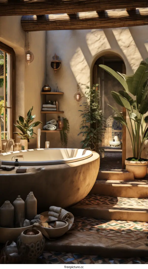 Bathroom With Large Stone Bathtub And Plants