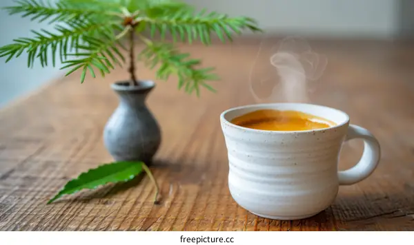 White ceramic cup of coffee with green leaf and small potted plant on wooden table