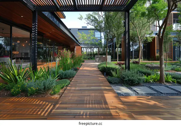 Courtyard with lush greenery and wooden walkway