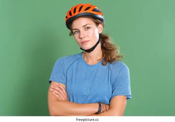 Woman Wearing Bike Helmet Against Green Background