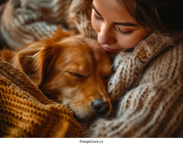 A young woman is sleeping with her golden retriever dog.