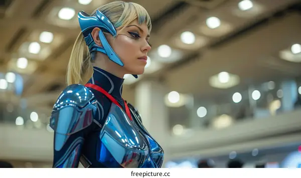 Portrait of a young woman dressed in a blue and silver futuristic outfit