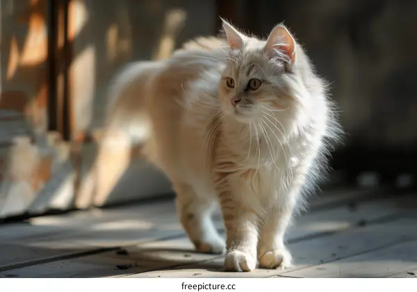 A ginger cat is walking on the wooden floor