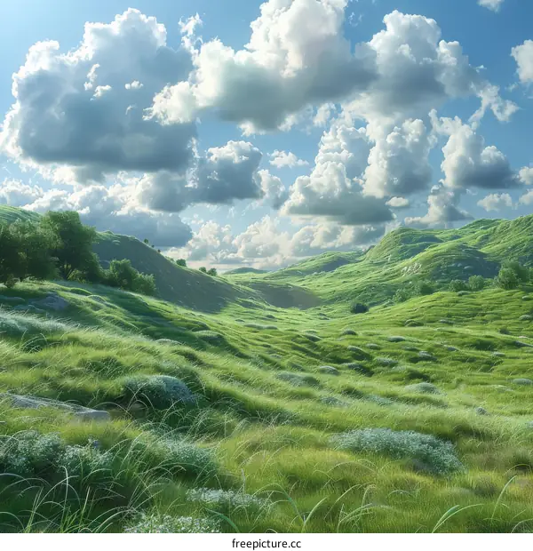 Tranquil Grassland with Verdant Hills and Cerulean Sky
