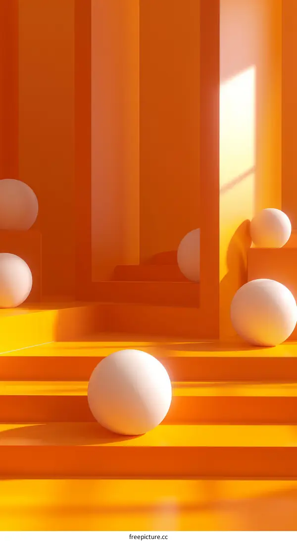 3D Spheres on Podiums in Orange Stepped Room