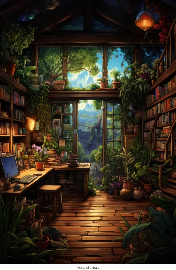 A home library filled with plants and books waiting for curious minds