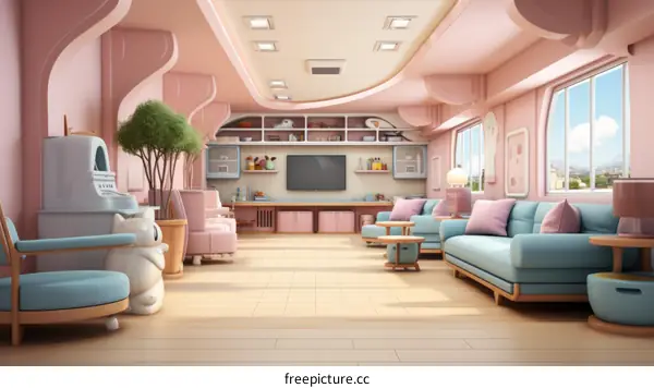 A cute cartoon living room with a pink theme