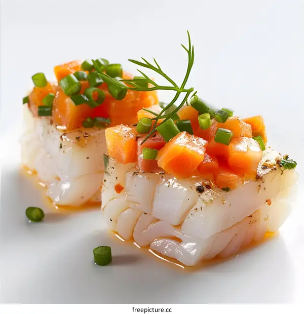 Two pieces of fish with orange topping