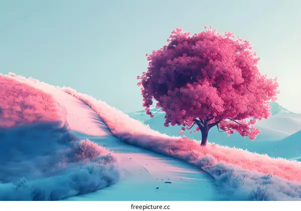 Pink Tree on a Hill Landscape